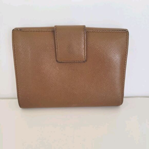 PRADA Leather Logo Wallet Small Bifold Brown Saffiano Compact Card Bill Coin - Picture 3 of 16